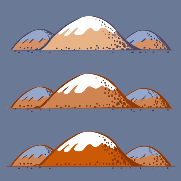 Four Stylized Illustrations Of Snow Capped Mountains In Various Shades Of Blue And Orange Against A Dark Background — Stock Vector
