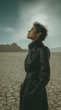 A Person Stands Alone In A Barren Desert Landscape Gazing Into The Distance With Expression — Stock Photo