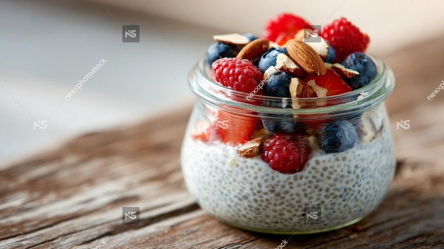A Jar Of Raspberry Yogurt Parfait With Berries And Nuts Placed On A Wooden Surface — Stock Photo