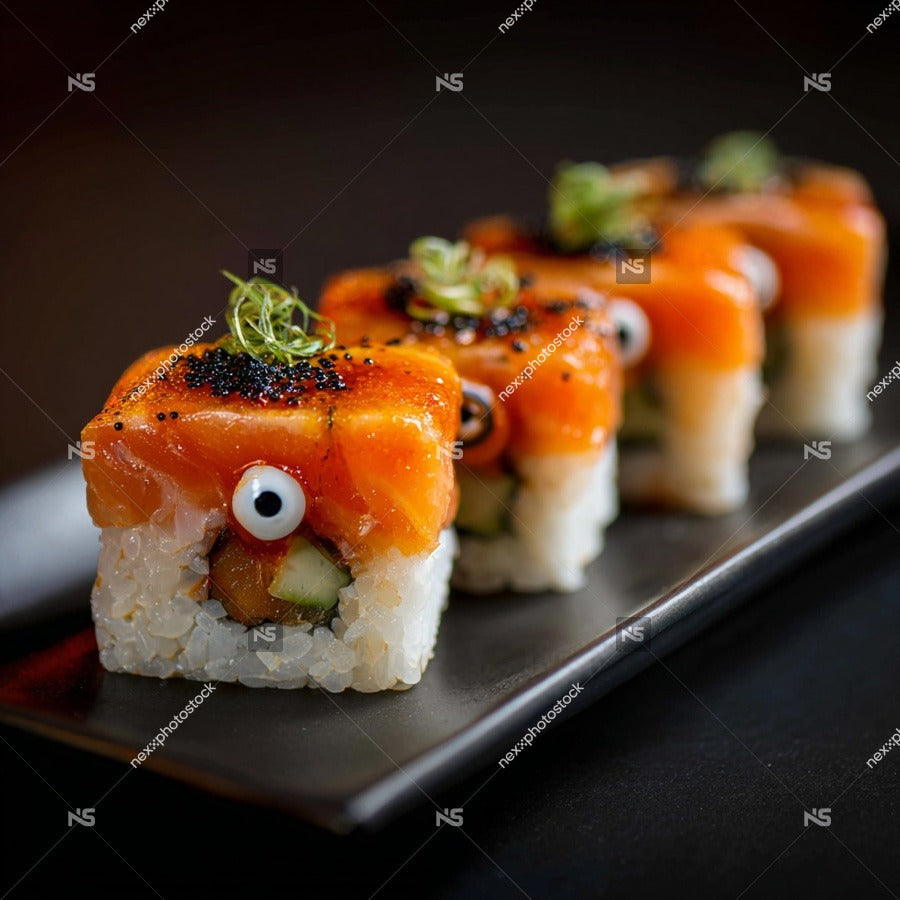 Sushi Rolls With Fish Eyes A Culinary Creation That Adds A Playful Twist To Traditional Sushi Presented On A Black Plate — Stock Photo