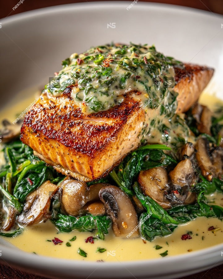 A Plate Of Salmon Topped With Spinach Mushrooms And A Creamy Sauce Served On A White Dish — Stock Photo