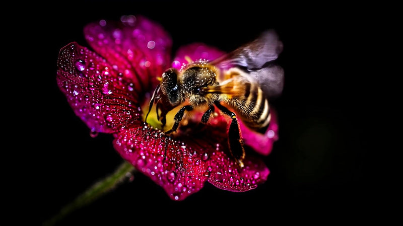 bee perched on a vibrant pink flower with water droplets set against a dark background - Stock Video