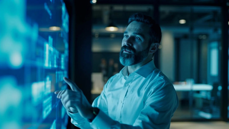 a man stands in a high tech office surrounded by digital displays and screens - Stock Video