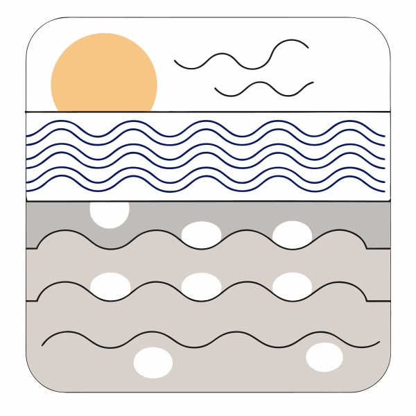 Stylized Graphic Of A Sunny Beach Scene With Waves And Eggs In A Cartoon Like Illustration — Stock Vector
