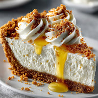 Delicious Slice Of Cheesecake Topped With Whipped Cream And Caramel Drizzle On A White Plate — Stock Photo