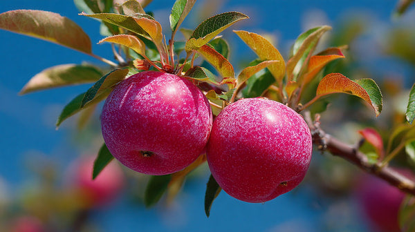 Close Up Of Two Ripe Peaches On A Tree Branch Against A Blue Sky Background — Stock Photo