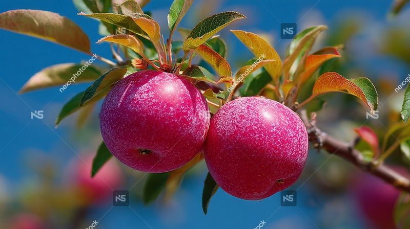 Close Up Of Two Ripe Peaches On A Tree Branch Against A Blue Sky Background — Stock Photo