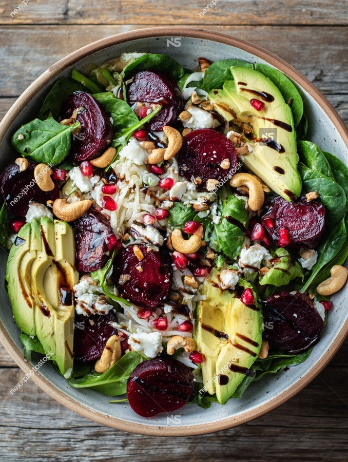 A Bowl Of Salad Containing Beets Walnuts Pomegranate Seeds And A Dressing Drizzled On Top Served On A Wooden Table — Stock Photo
