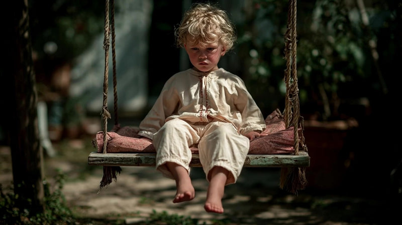 a young boy sits alone on a swing in a park - Stock Video