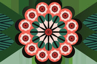Colorful Abstract Pattern With A Central Flower Like Design And Geometric Shapes In Shades Of Green Red White And Black — Stock Vector