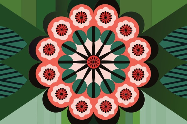 Colorful Abstract Pattern With A Central Flower Like Design And Geometric Shapes In Shades Of Green Red White And Black — Stock Vector