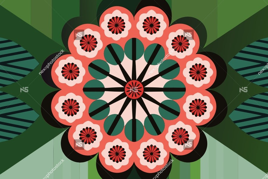 Colorful Abstract Pattern With A Central Flower Like Design And Geometric Shapes In Shades Of Green Red White And Black — Stock Vector