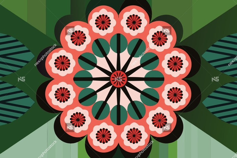 Colorful Abstract Pattern With A Central Flower Like Design And Geometric Shapes In Shades Of Green Red White And Black — Stock Vector