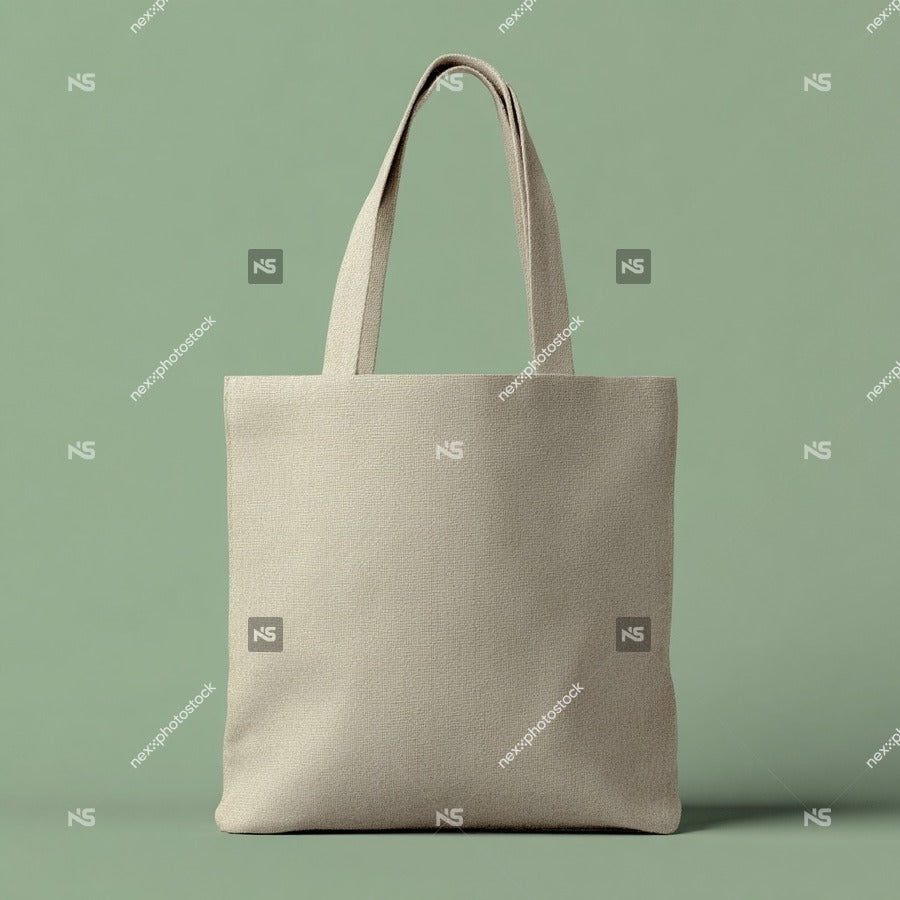 A Light Grey Canvas Tote Bag With A Handle Set Against A Solid Green Background — Stock Photo