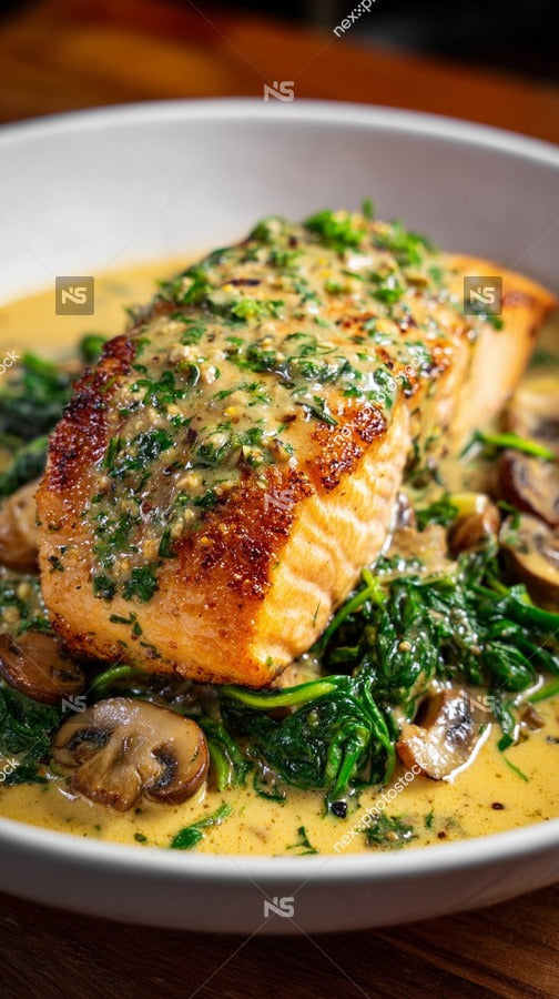 Freshly Cooked Salmon Fillet Served On A Bed Of Sauteed Spinach And Mushrooms Garnished With Herbs In A Restaurant Setting — Stock Photo
