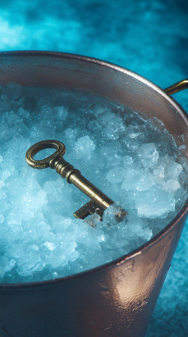 A Key Submerged In An Ice Bucket With A Copper Colored Bucket Visible Behind It — Stock Photo
