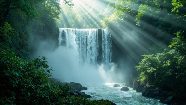 Waterfall Surrounded By Lush Greenery With Sunlight Filtering Through Trees And Illuminating Mist From The Cascade — Stock Photo