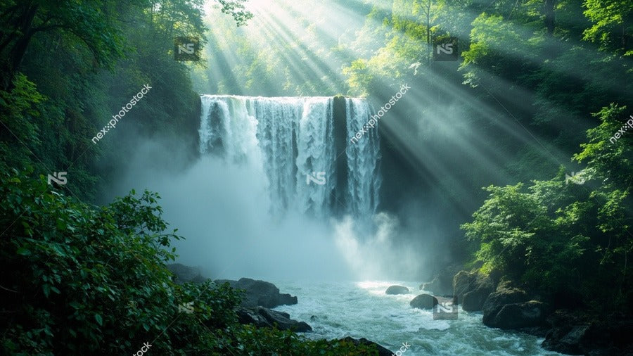 Waterfall Surrounded By Lush Greenery With Sunlight Filtering Through Trees And Illuminating Mist From The Cascade — Stock Photo