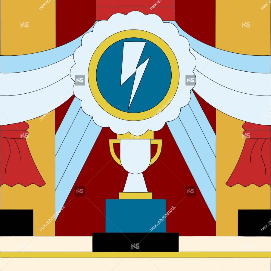 Illustration Of A Trophy On Stage With A Blue And White Banner In The Background — Stock Vector