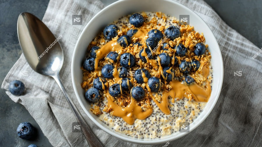 Bowl Of Oatmeal Topped With Blueberries And Drizzled With Caramel Sauce On A Wooden Table — Stock Photo