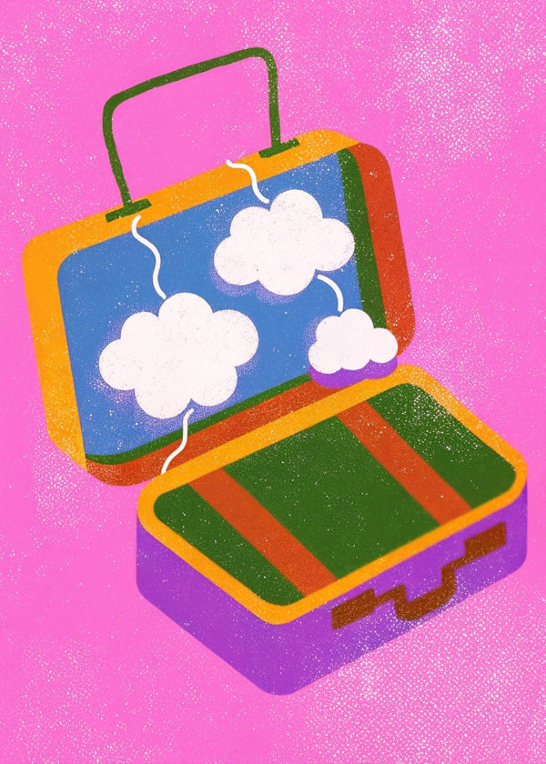 Illustration Of A Colorful Suitcase With Clouds And Blue Sky On Top Placed On A Pink Background — Stock Illustration