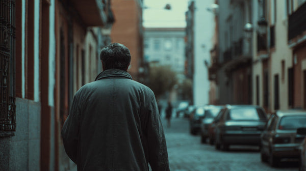A Man Walking Down A Narrow Street In An Urban Setting With Buildings On Either Side And Cars Parked Along The Road — Stock Photo