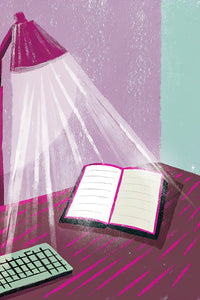 Illustration Of A Cozy Workspace With An Open Book And A Computer Keyboard Under A Desk Lamp — Stock Illustration