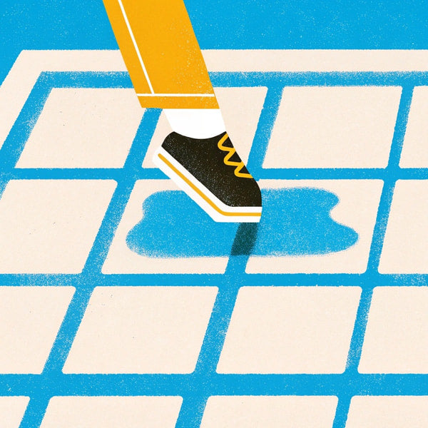 Illustration Of A Person Stepping On A Cloud Shaped Puddle In A Blue Grid Pattern Background — Stock Illustration