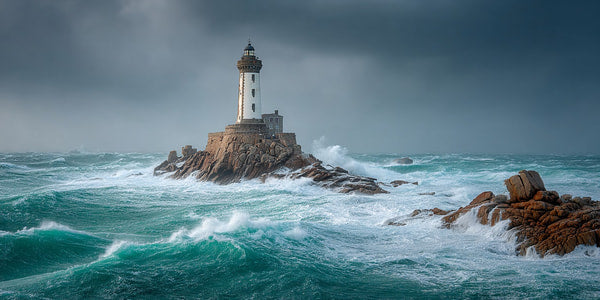 A Lighthouse Stands Prominently On A Rocky Island Amidst Rough Ocean Waves With Crashing Whitecaps Surrounding It — Stock Photo