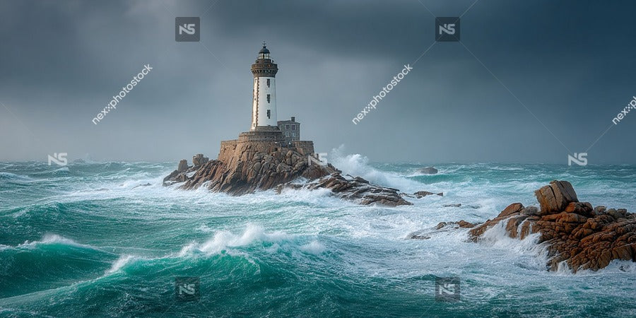 A Lighthouse Stands Prominently On A Rocky Island Amidst Rough Ocean Waves With Crashing Whitecaps Surrounding It — Stock Photo