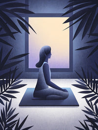Meditation Illustration Of A Person In A Room With A Window And Palm Leaves — Stock Illustration