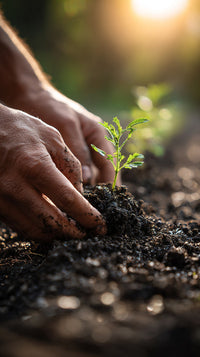 A Person S Hands Gently Placing Seedlings Into A Garden Bed Filled With Soil Under The Sunlight — Stock Photo