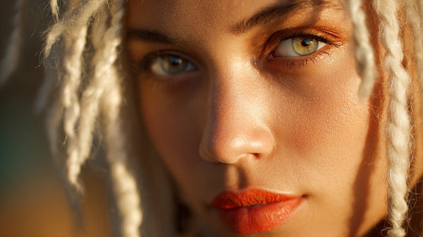 Human Portrait A Woman With Braided Hair Captured In A Close Up Shot Against A Blurred Background — Stock Photo
