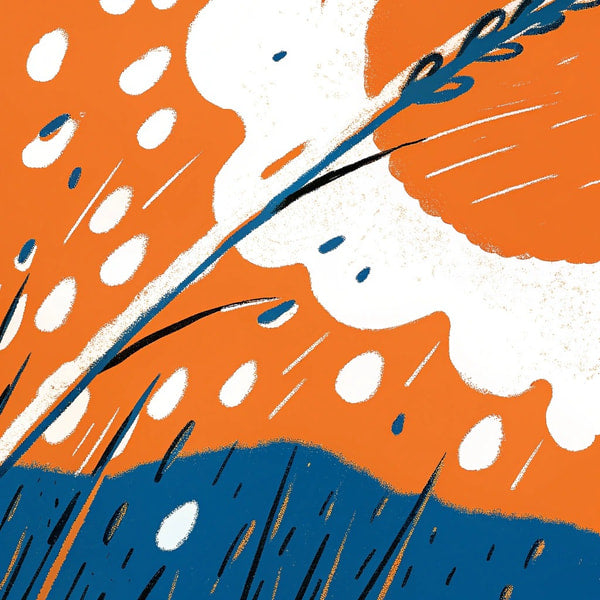 Illustration Of A Wheat Field Under A Blue Sky With Raindrops Falling In A Stylized Art Style — Stock Illustration