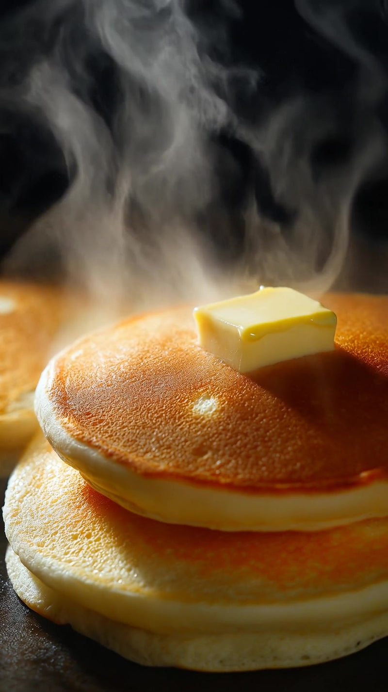 shows a close up view of three pancakes on a griddle with steam rising from them - Stock Video