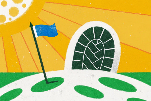 A Golf Course Sunset With A Flag In The Foreground And A Stone Archway In The Background Under A Yellow Sky — Stock Illustration