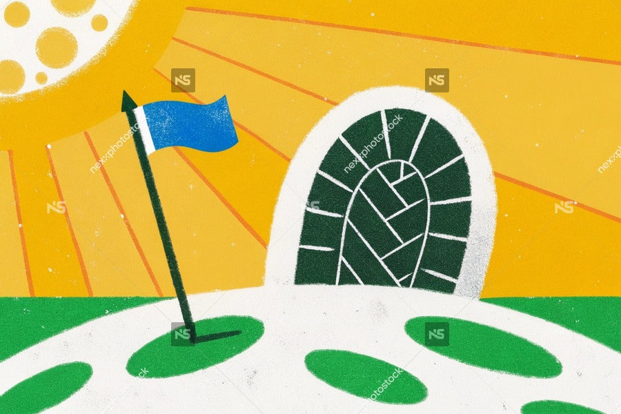 A Golf Course Sunset With A Flag In The Foreground And A Stone Archway In The Background Under A Yellow Sky — Stock Illustration