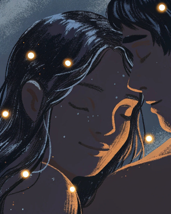 A Romantic Illustration Of A Couple Under A Star Filled Night Sky With One Person Resting Their Head On The Other S Shoulder — Stock Illustration