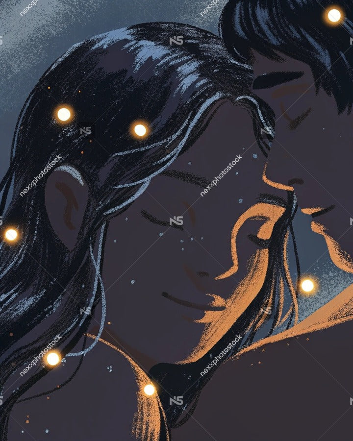 A Romantic Illustration Of A Couple Under A Star Filled Night Sky With One Person Resting Their Head On The Other S Shoulder — Stock Illustration