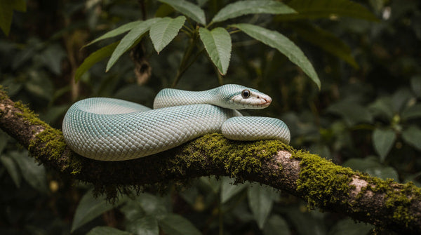 A Blue And White Snake Coiled On A Branch In A Tropical Forest Setting — Stock Photo