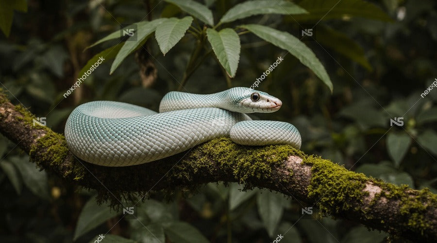 A Blue And White Snake Coiled On A Branch In A Tropical Forest Setting — Stock Photo