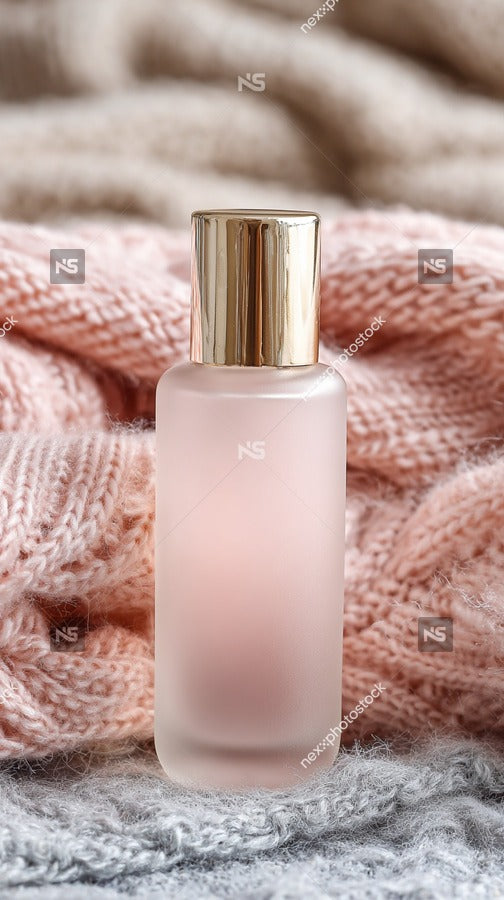 A Bottle Of Pink Bath Oil With A Gold Cap Placed On A Textured Surface — Stock Photo