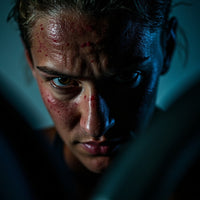 A Woman With A Bloody Face After An Intense Workout Competition Is Captured In A Close Up Shot — Stock Photo