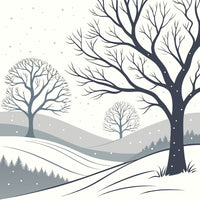 A Digital Illustration Of A Serene Winter Landscape Two Trees Snow Covered Hills And A Clear Sky — Stock Vector