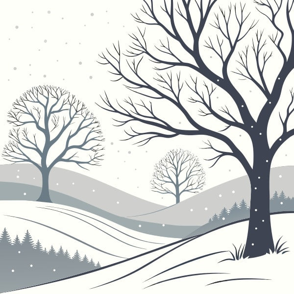 A Digital Illustration Of A Serene Winter Landscape Two Trees Snow Covered Hills And A Clear Sky — Stock Vector