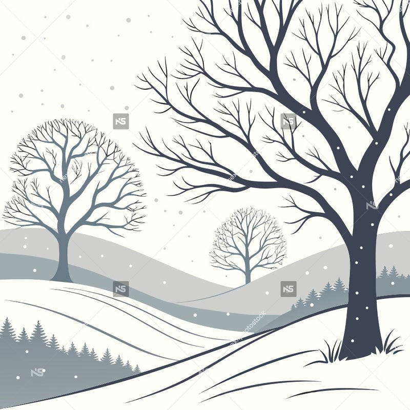 A Digital Illustration Of A Serene Winter Landscape Two Trees Snow Covered Hills And A Clear Sky — Stock Vector
