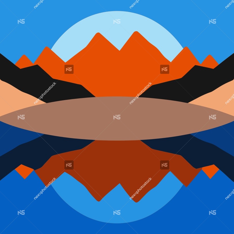 A Digital Illustration Of A Mountain Reflection In A Body Of Water With A Vibrant Sunset Sunrise In The Background — Stock Vector