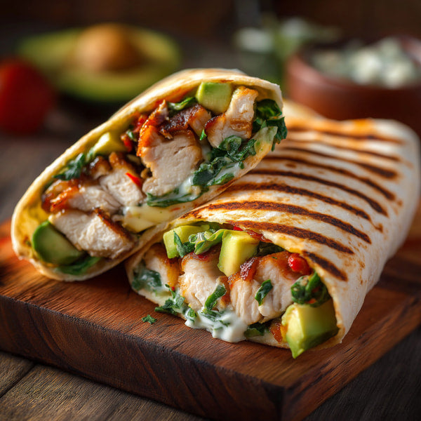 Grilled Chicken Wrap With Spinach Avocado And A Drizzle Of Sauce On A Wooden Cutting Board — Stock Photo