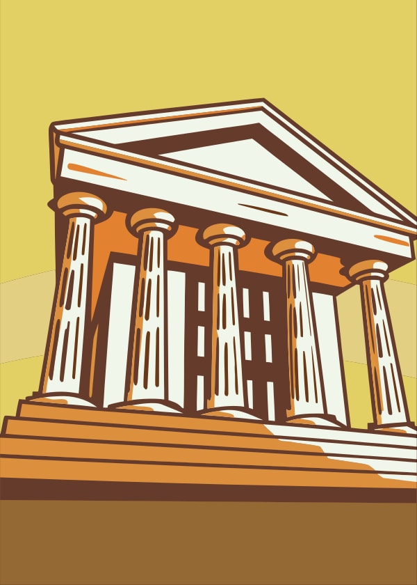Illustration Of A Classical Building With Columns And A Pediment Set Against A Yellow Background — Stock Vector