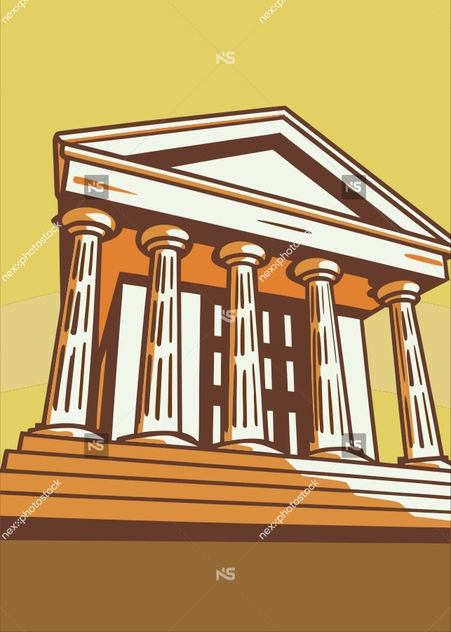 Illustration Of A Classical Building With Columns And A Pediment Set Against A Yellow Background — Stock Vector